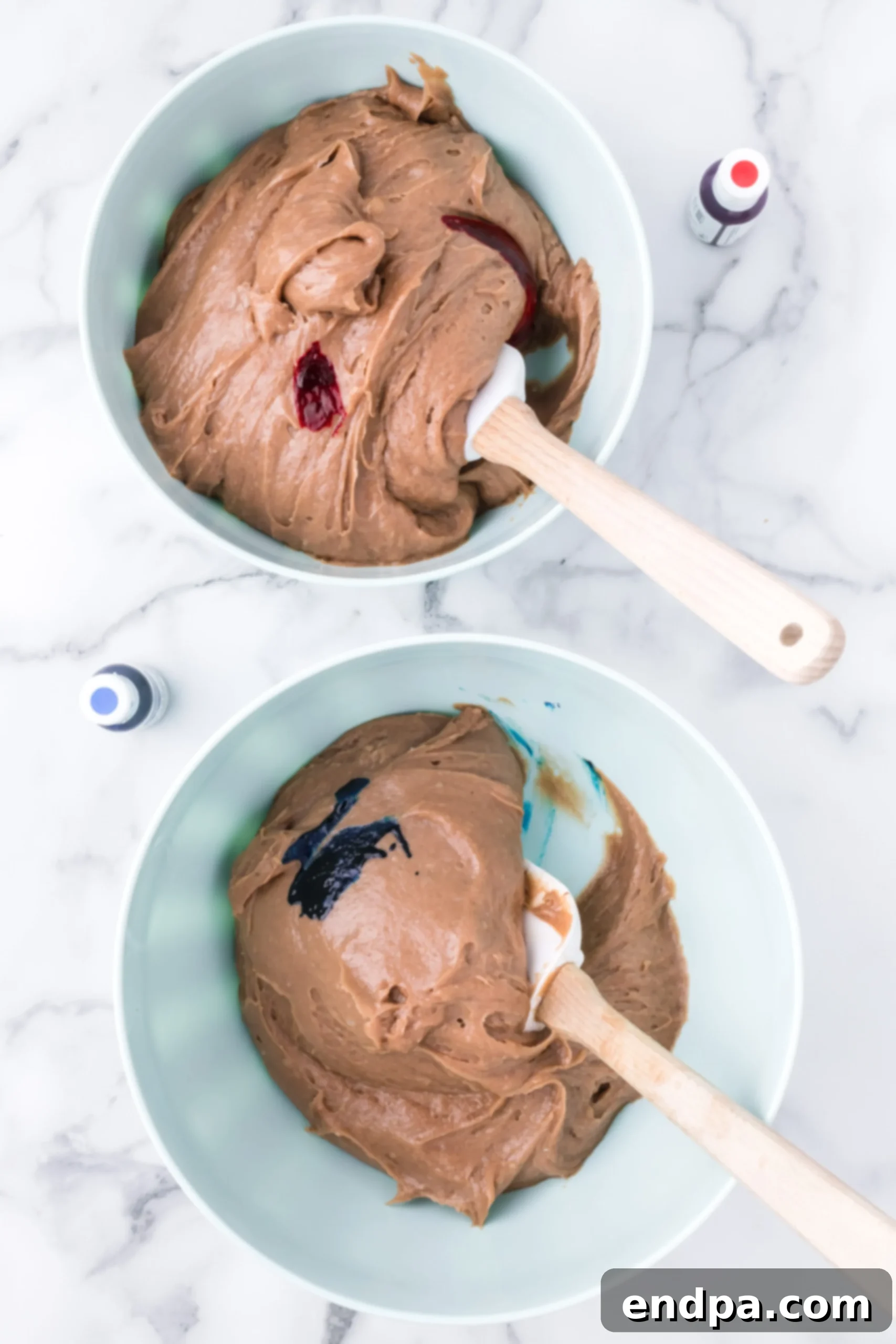 Batter divided with food coloring added.