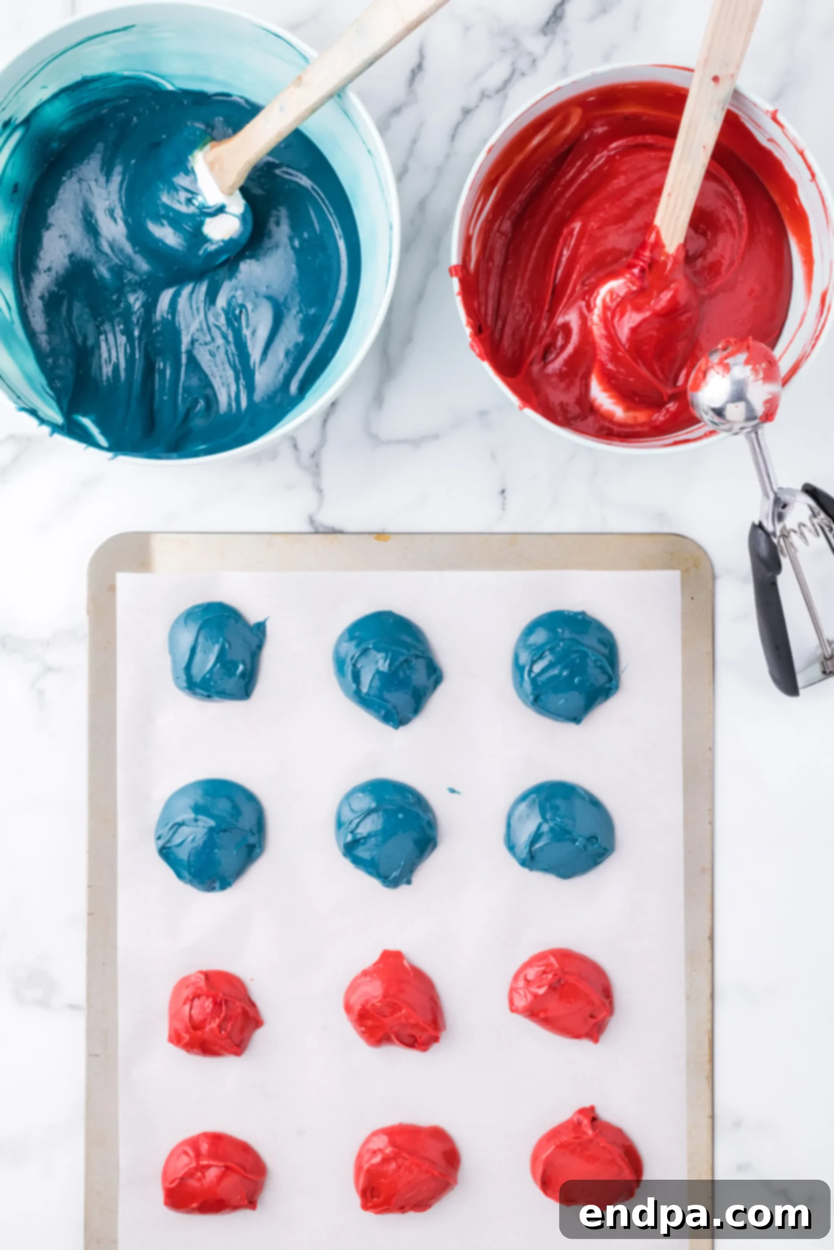 Batter scooped on baking sheet.