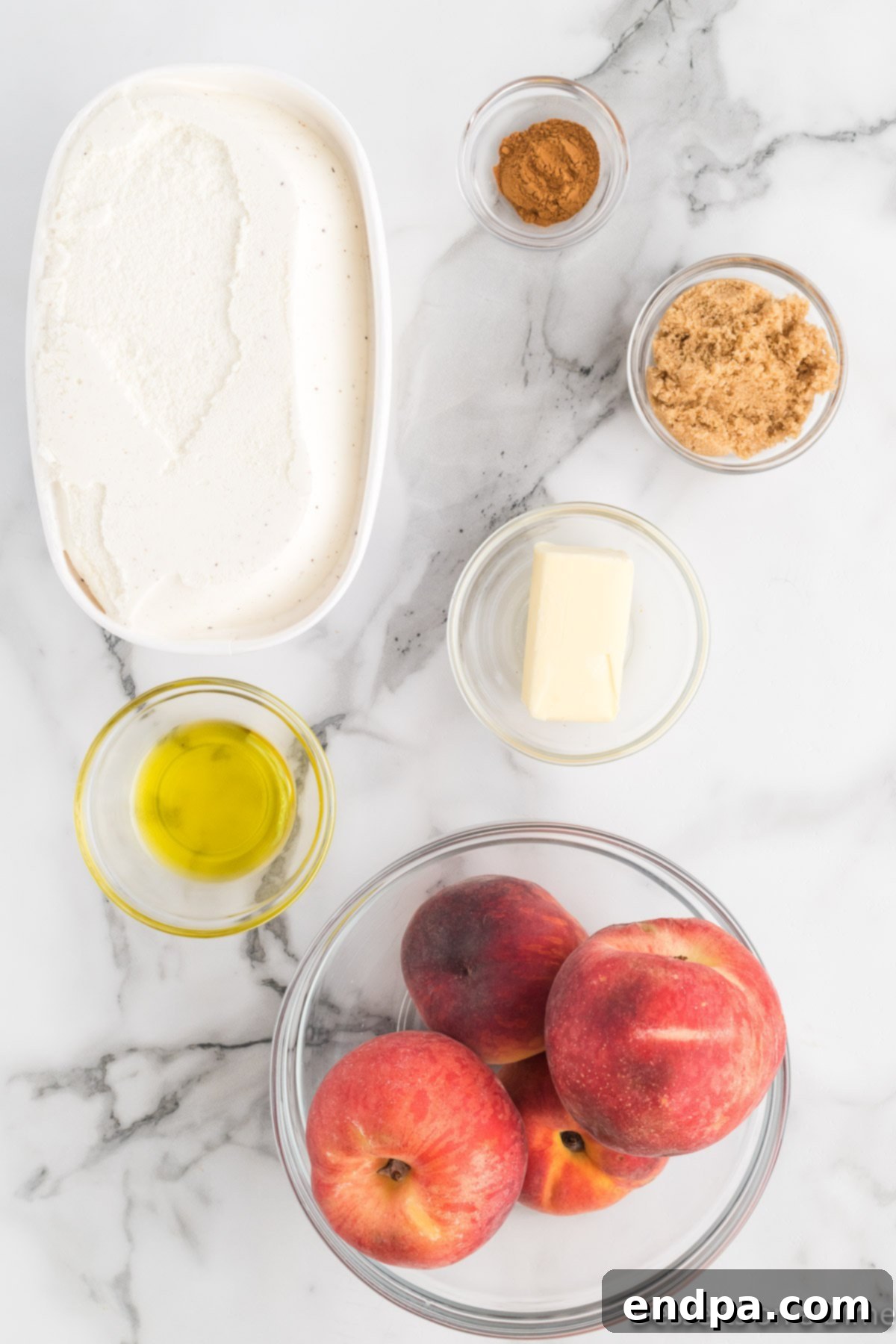 Golden Air Fryer Peaches 3 Peaches, butter, cinnamon, brown sugar, olive oil, ice cream