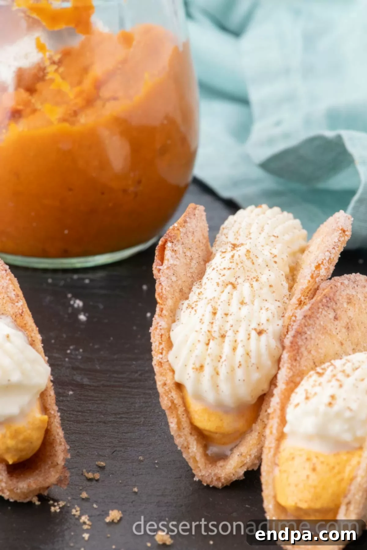 Close up image of pumpkin pie tacos