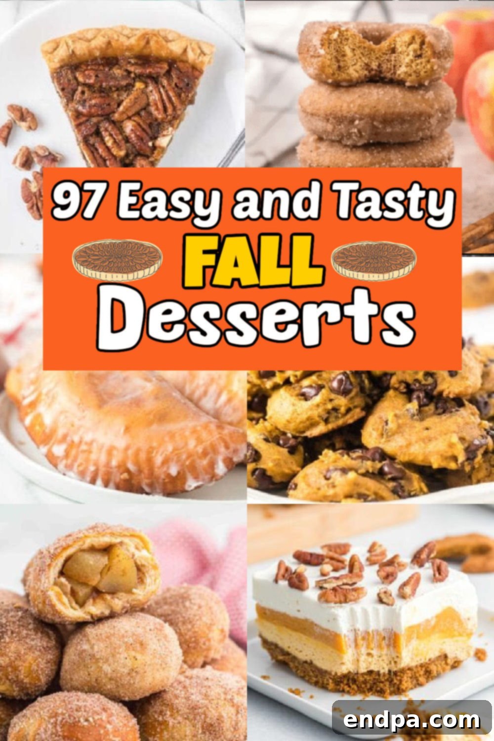 97 Effortless Autumn Delights 2 A vibrant display of various easy fall desserts, featuring pumpkin pie, caramel apples, and pecan treats, set against an autumn backdrop.