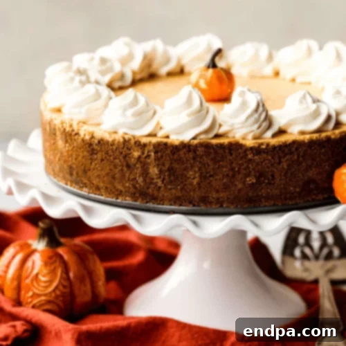 97 Effortless Autumn Delights 31 A No-Bake Pumpkin Cheesecake on a decorative pedestal, garnished with whipped cream.