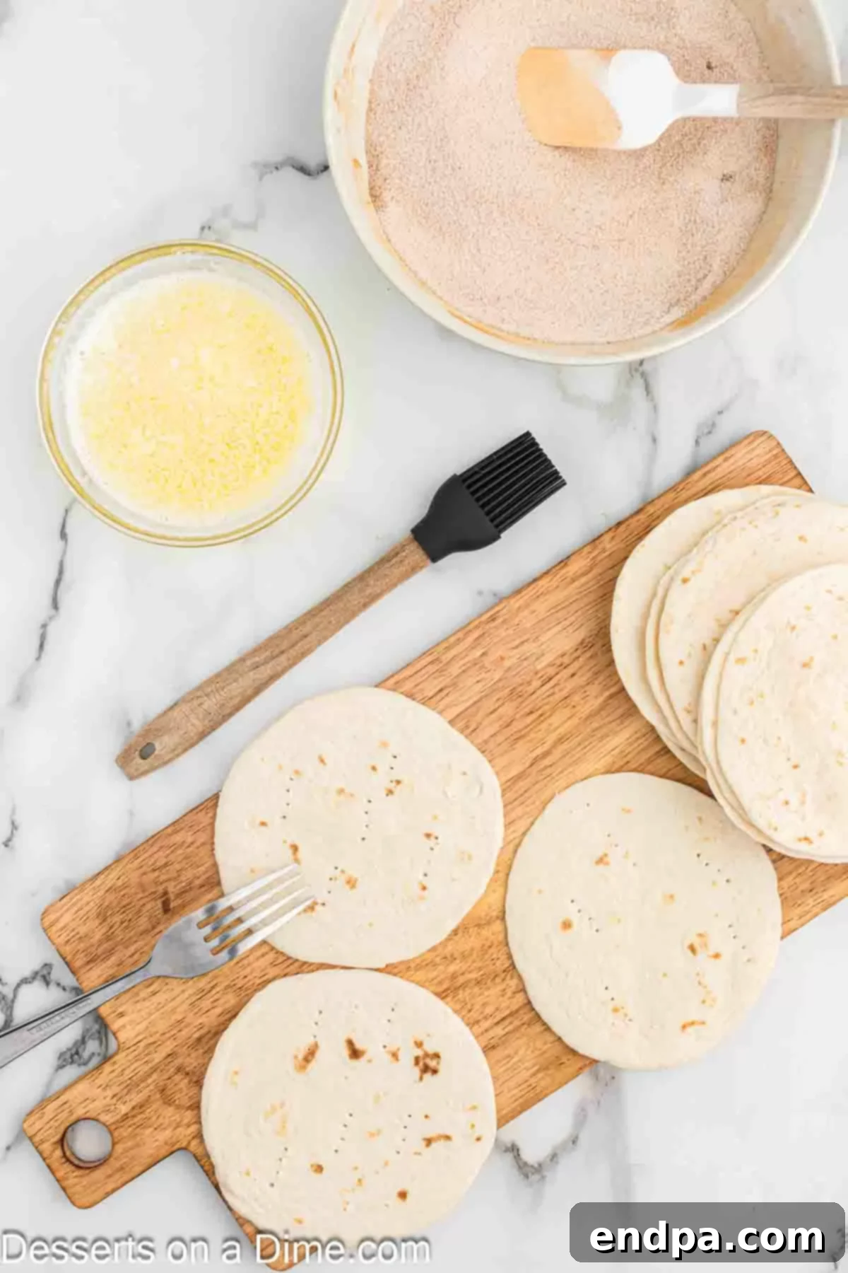 Apple Crisp Tacos 3 Ingredients needed - flour tortillas, sugar, cinnamon butter, apple pie filling, caramel, vanilla ice cream.