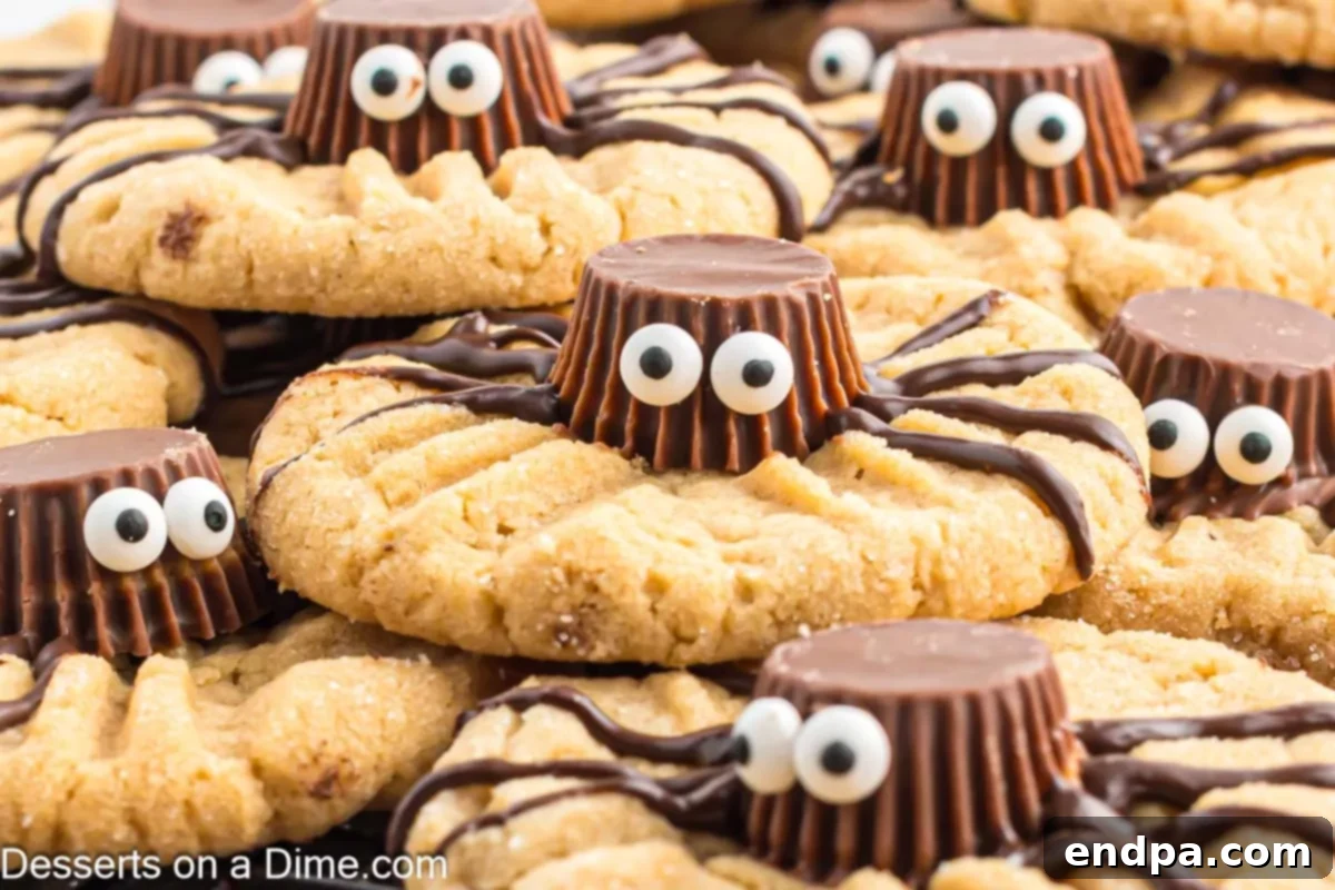 Halloween spider cookies stacked together and ready to serve, featuring peanut butter cookies topped with Reese's cups and chocolate legs.