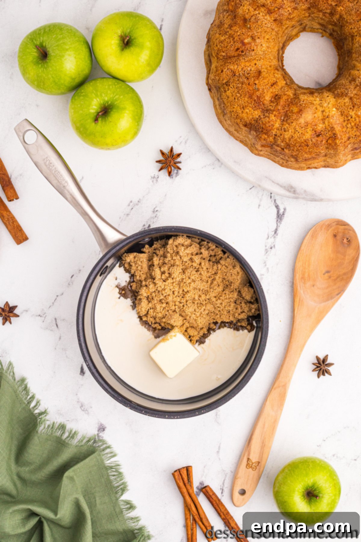 Saucepan with butter, heavy cream, and brown sugar for the glaze.