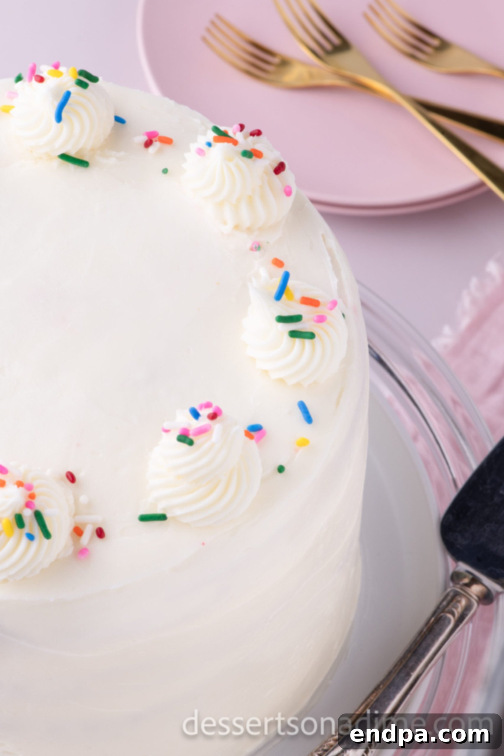 Kaleidoscope Delight 11 A fully assembled Rainbow Cake, frosted smoothly with white buttercream and generously topped with an abundance of colorful rainbow sprinkles, showcasing its festive and celebratory appearance.