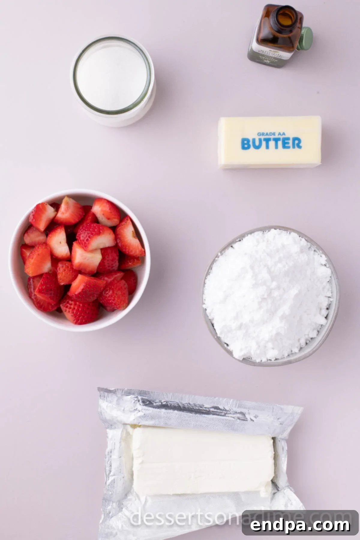 Velvety Strawberry Cream Cheese Frosting 3 All the fresh ingredients laid out for making the best strawberry cream cheese frosting: fresh strawberries, cream cheese, butter, powdered sugar, and vanilla extract.