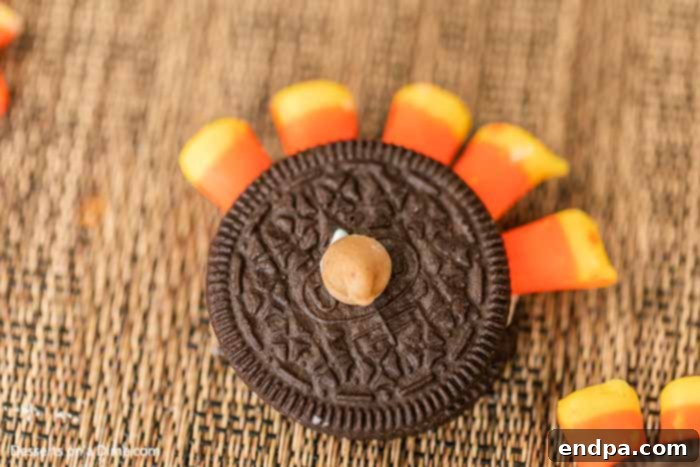Gobble Gobble Oreo Delights 5 The completed Oreo Turkey Cookie, featuring two candy eyes and a peanut butter chip as the beak, all affixed to the center of the reassembled Oreo with white icing.
