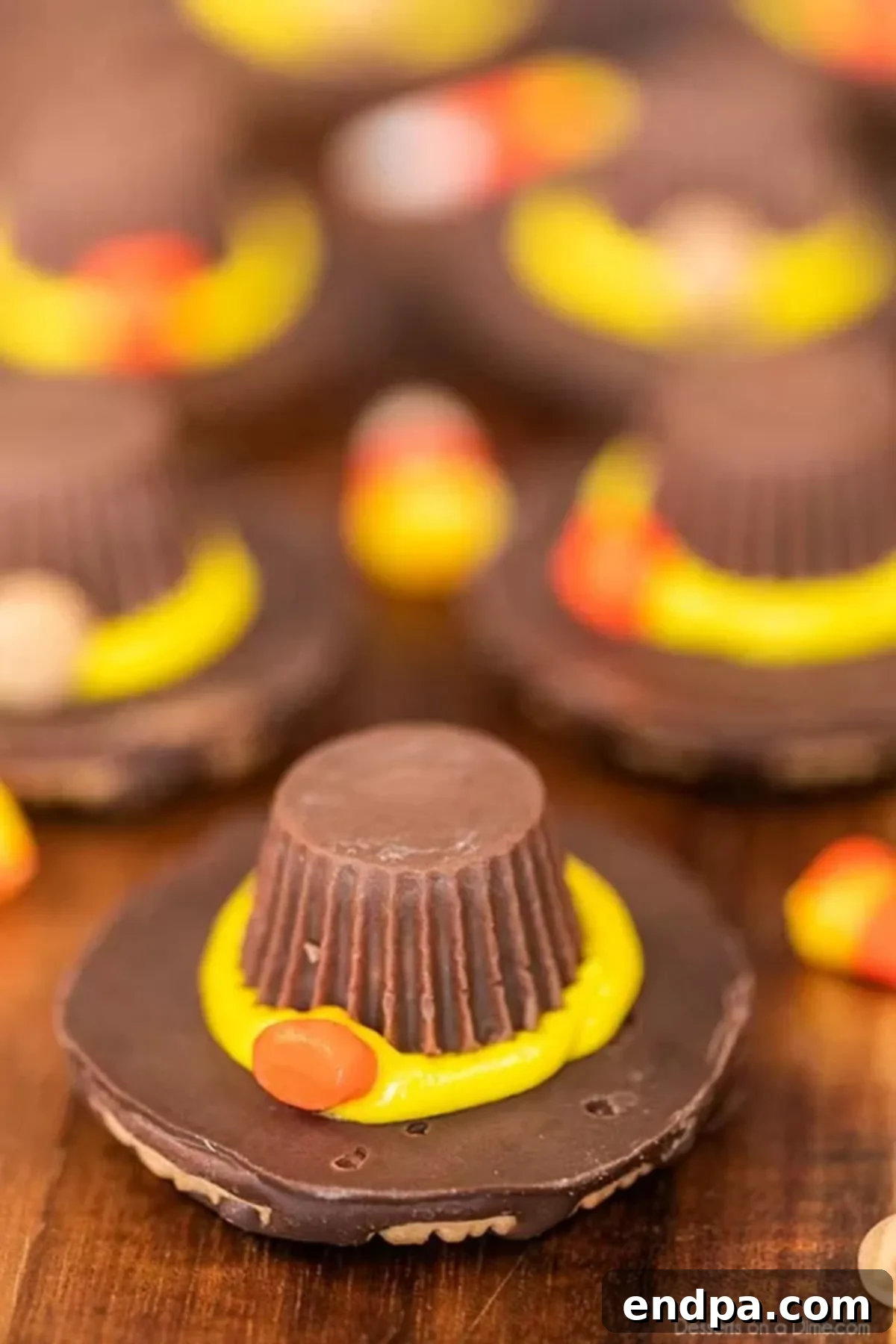 A selection of finished Pilgrim Hat Cookies neatly arranged on a platter, ready for presentation.