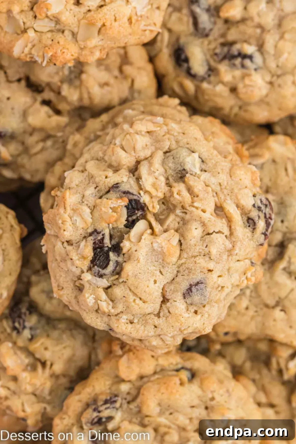 Classic Oatmeal Raisin Cookies 2 Stacked homemade oatmeal raisin cookies on a wire rack, showcasing their soft, chewy texture.