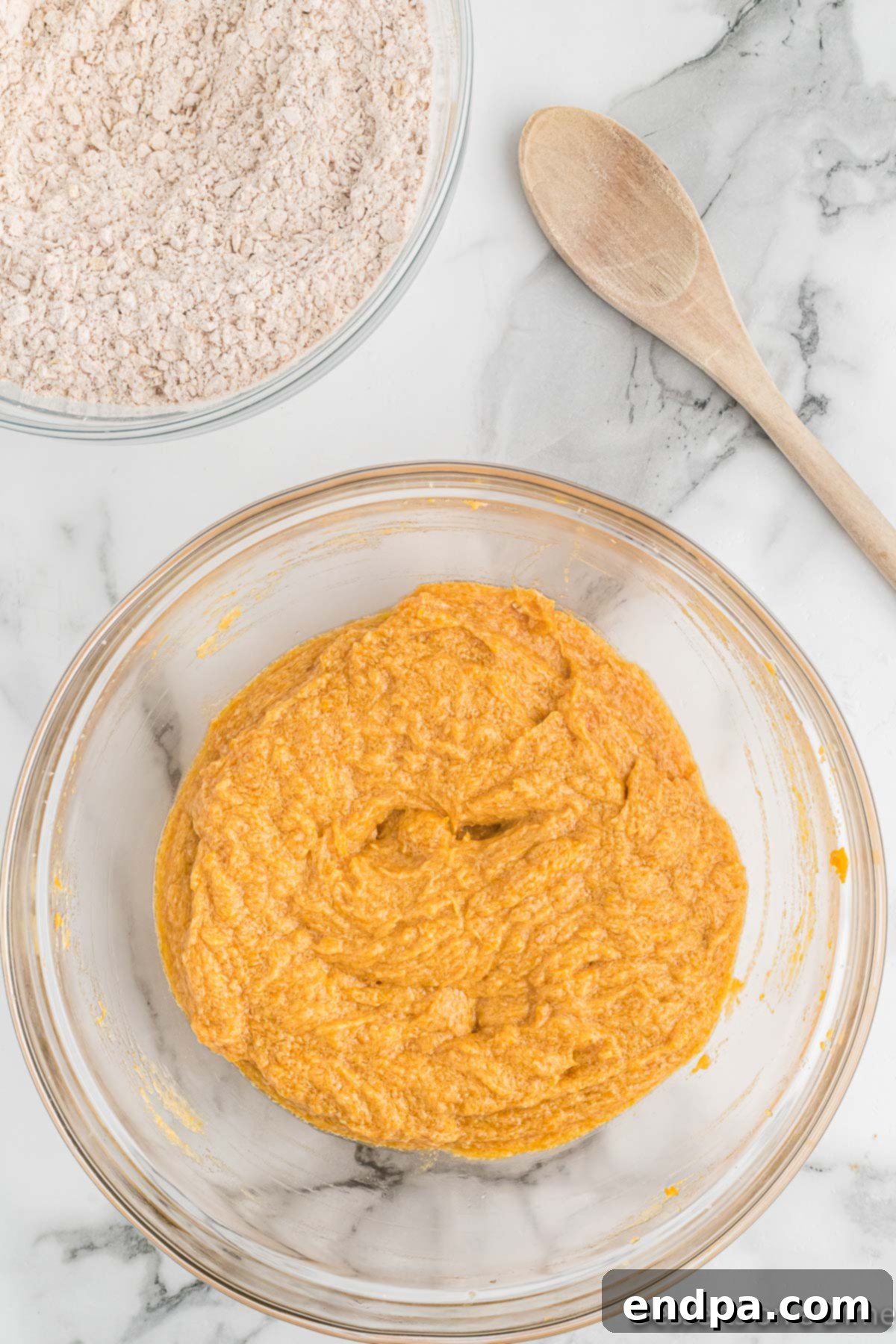 Golden Sweet Potato Cookies 10 The sweet potato mixture being added to the bowl of dry ingredients.