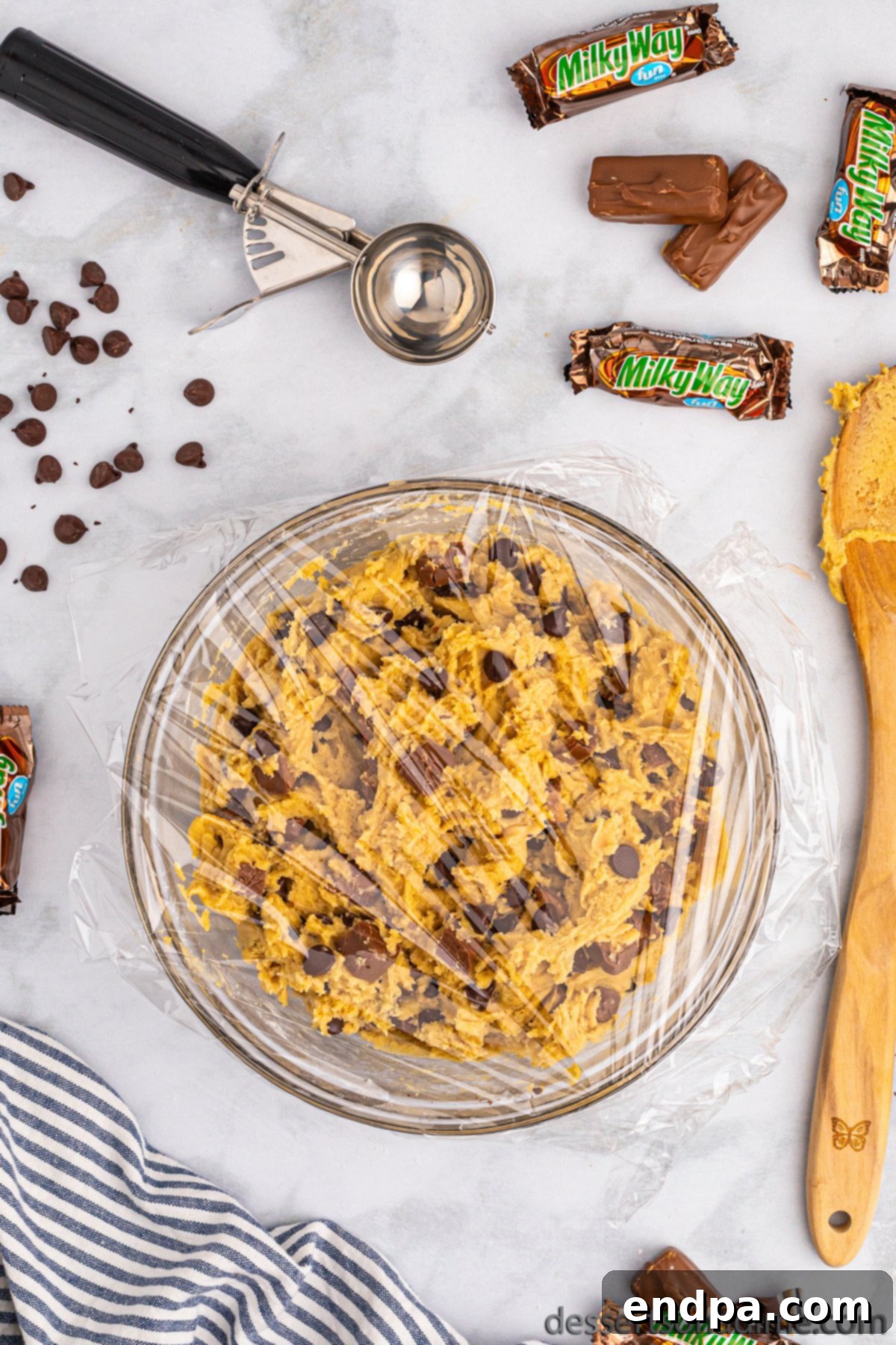 Nougat Caramel Dream Cookies 9 Chocolate chips thoroughly folded into the cookie dough, ready for chilling.