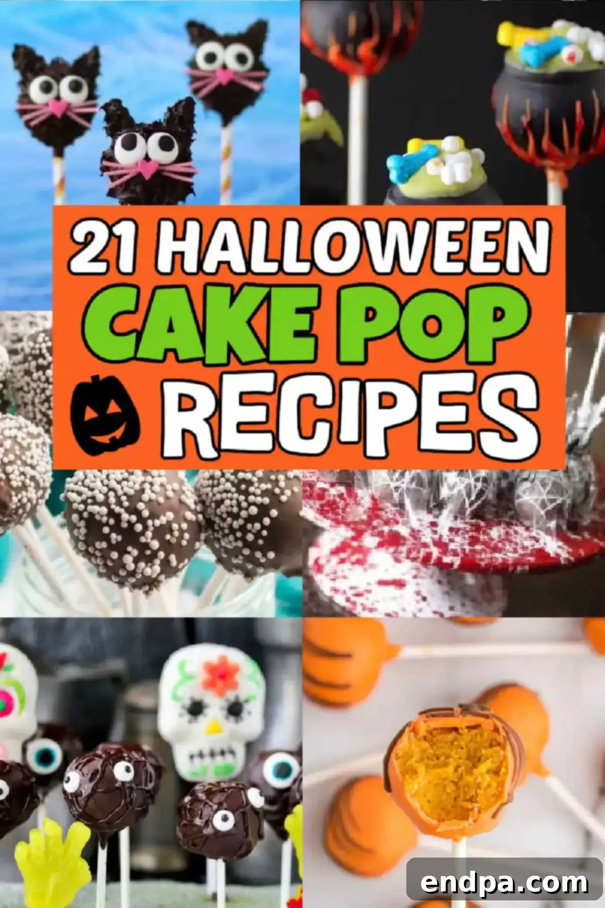 Spooktacular Cake Pops 2 A vibrant display of various Halloween cake pops, including mummies, pumpkins, and monsters, ready to be enjoyed at a festive gathering. Their enticing flavors and cute, spooky decorations make them the perfect holiday treat.