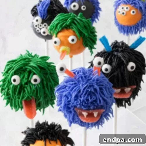 Spooktacular Cake Pops 3 A selection of vibrantly decorated monster cake pops with various colors and edible eyes.