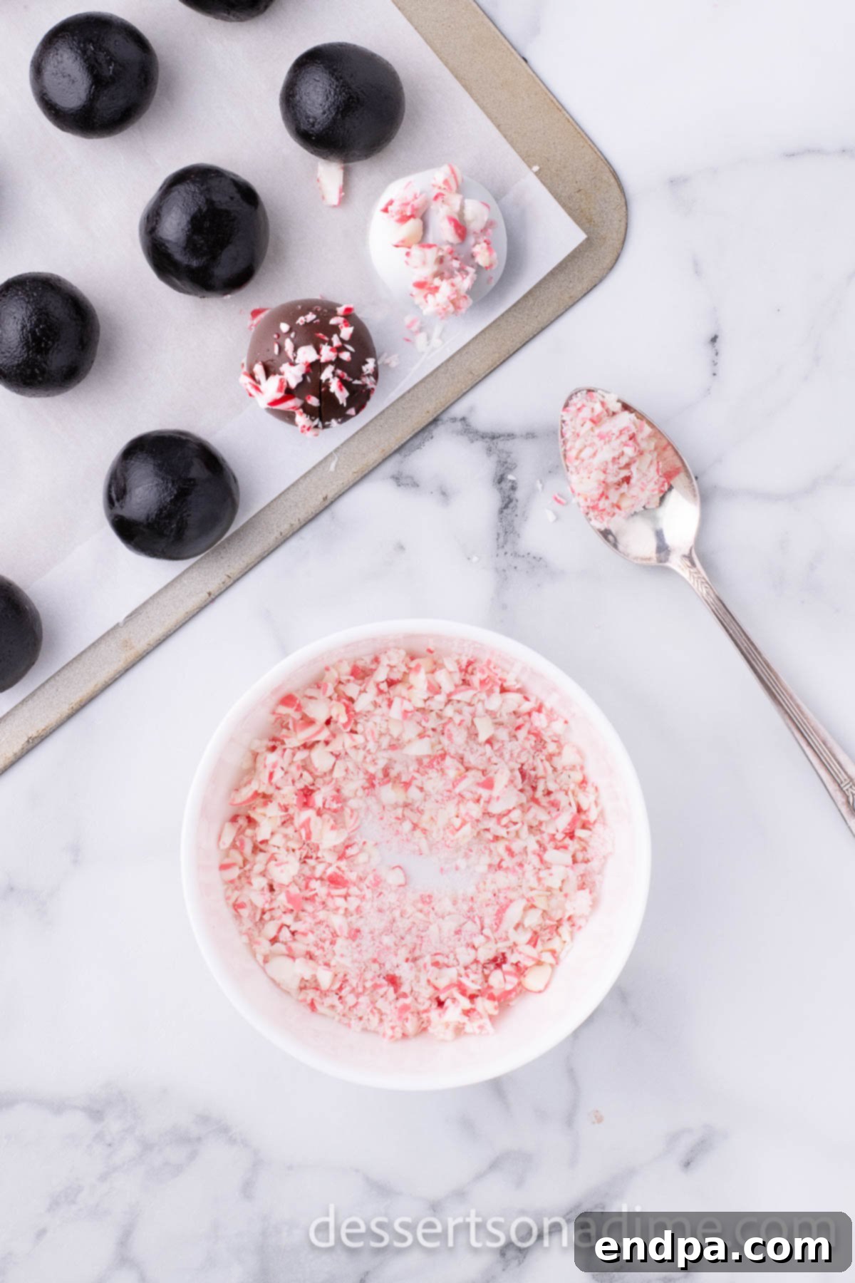 Cool Mint Oreo Truffles 9 Coarsely crushed peppermint candy in a small bowl.