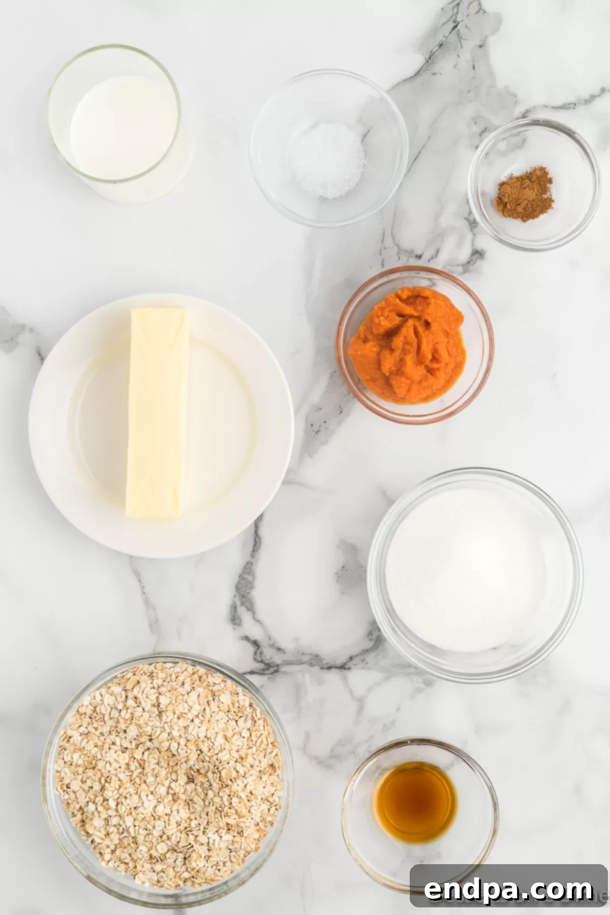 Autumn Pumpkin Spice Delights 3 Ingredients for Pumpkin no bake cookies laid out on a table.