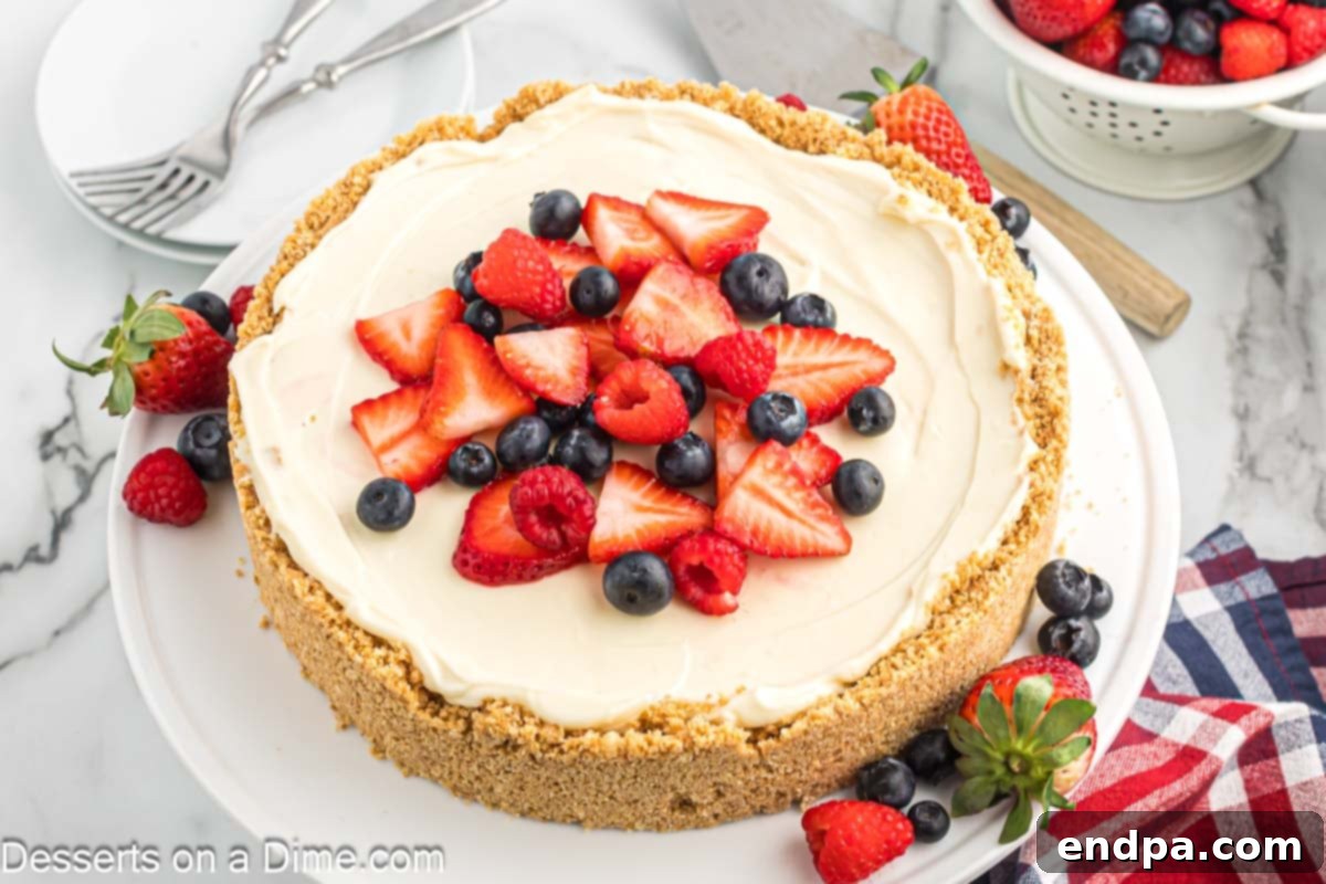Simple No-Bake Cheesecake Dream 2 No Bake Cheesecake topped with fresh fruit.