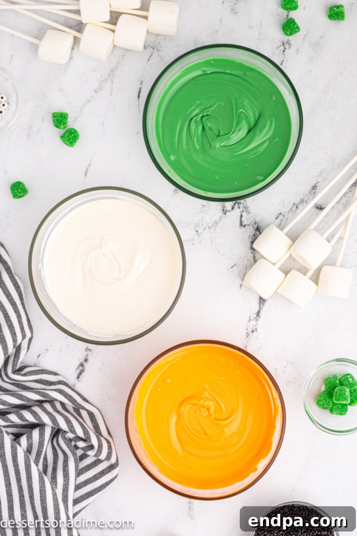 Candy melts in bowls. 