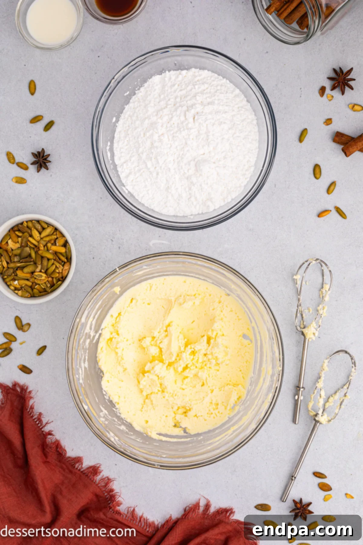 Wet and dry ingredients in bowls ready to combine.