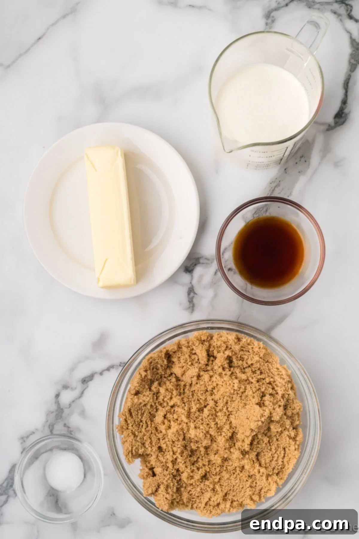 Decadent Homemade Caramel 3 Ingredients for homemade caramel sauce: light brown sugar, heavy cream, unsalted butter, salt, and vanilla extract.