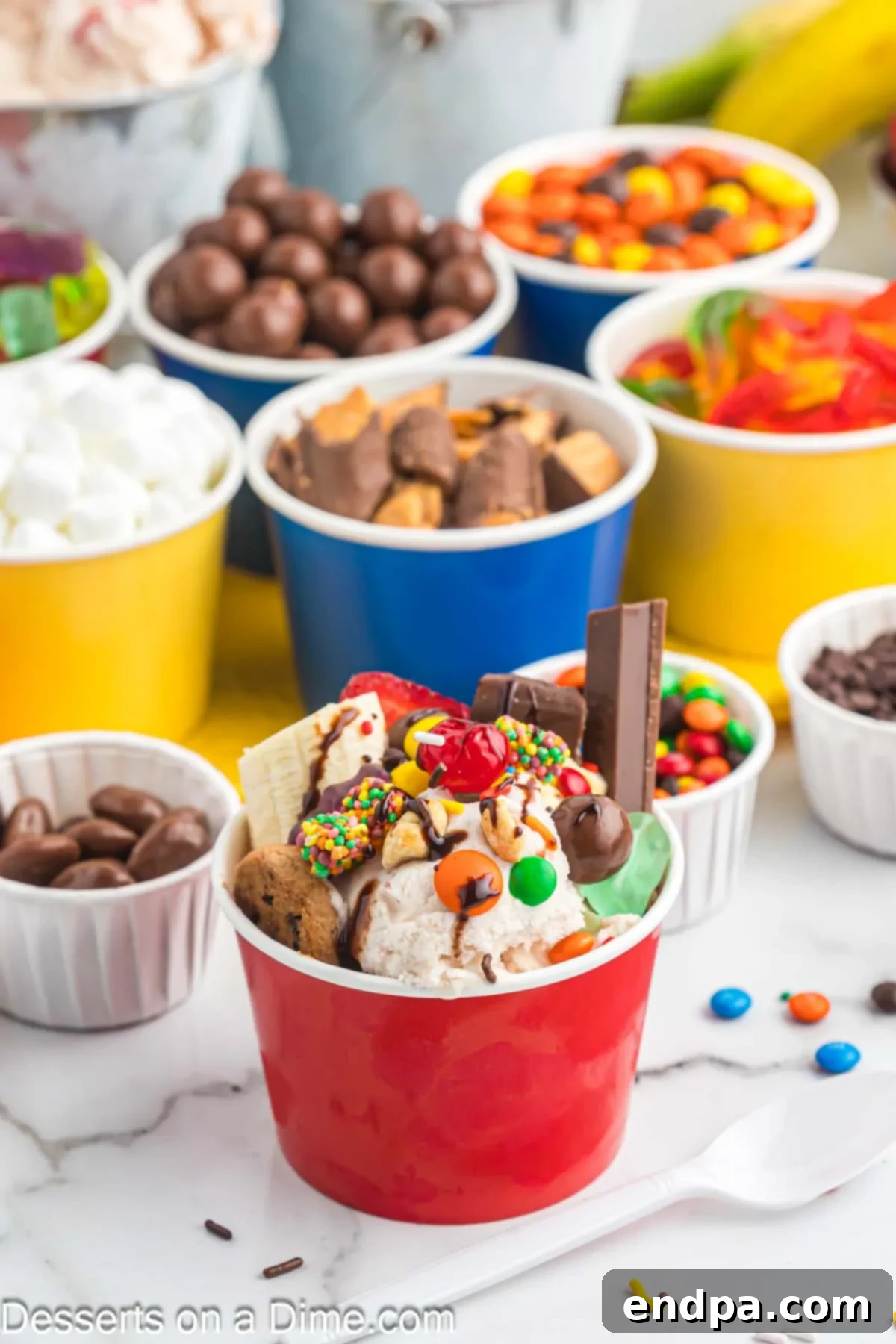 An array of delicious ice cream toppings displayed in small cups, ready for a sundae bar setup.