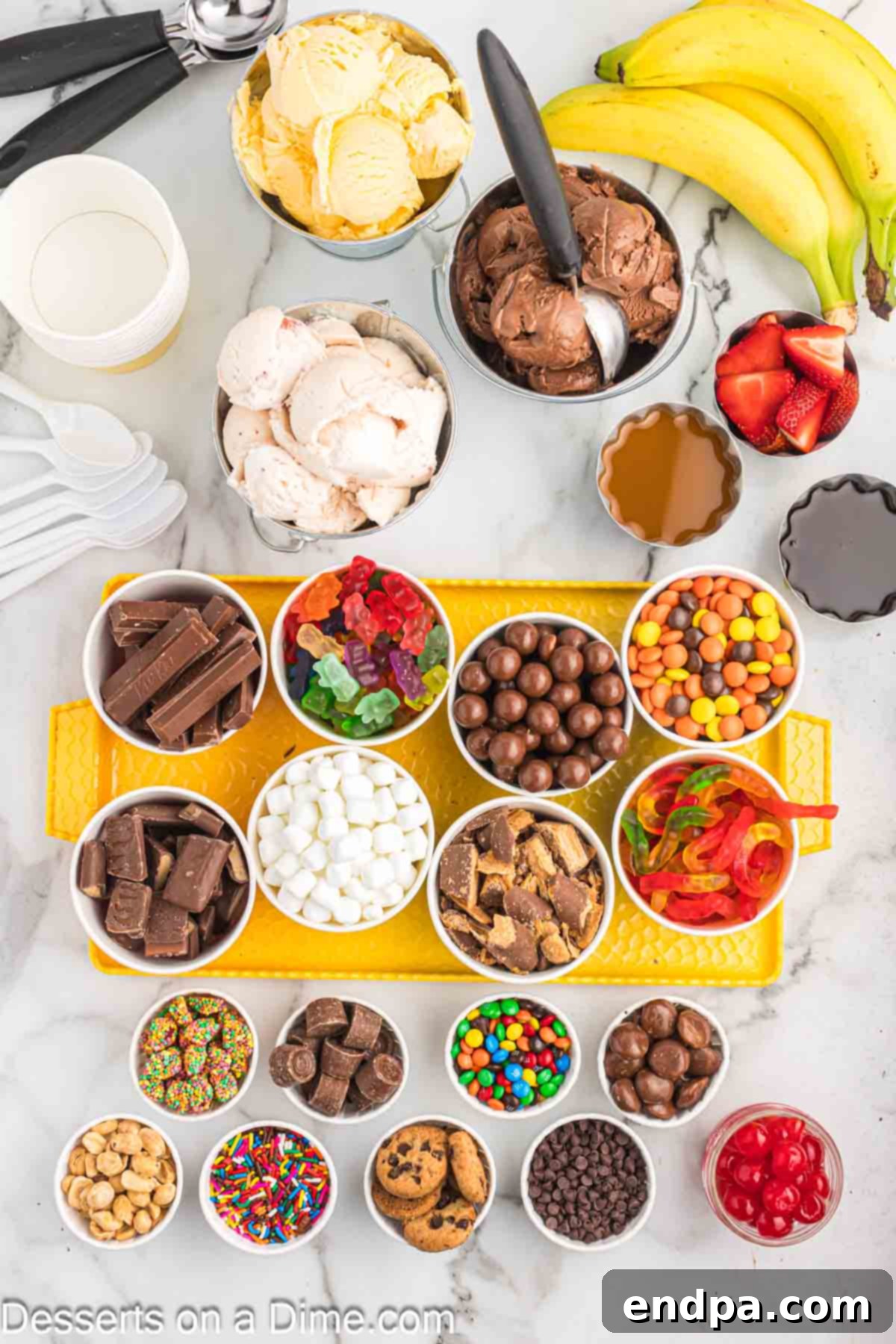 A collection of diverse ice cream toppings, arranged in small containers on a table.