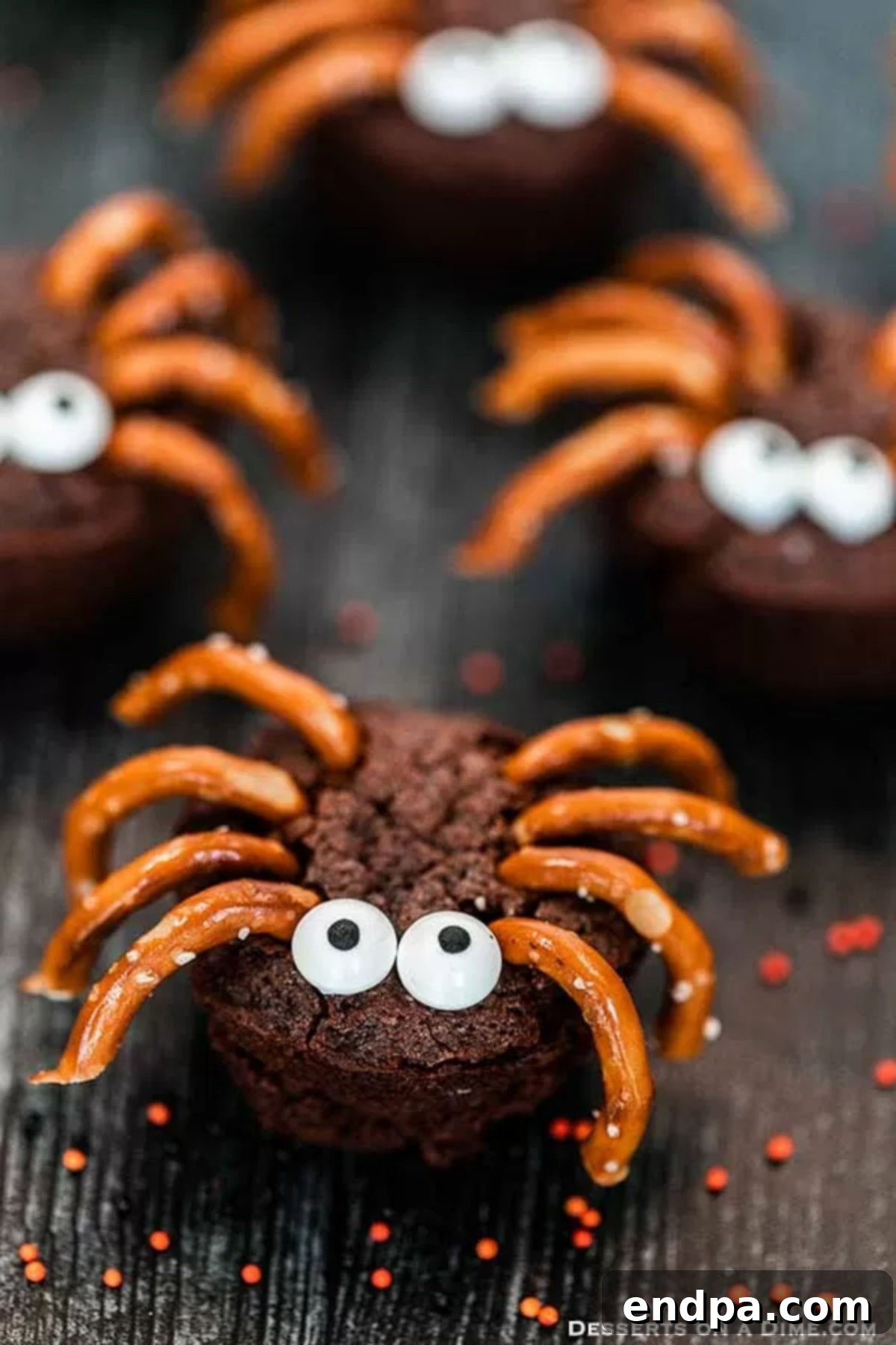 Delicious mini spider brownies with pretzel legs and candy eyes, perfect for Halloween parties and spooky celebrations. This easy recipe makes a fun and kid-friendly dessert.
