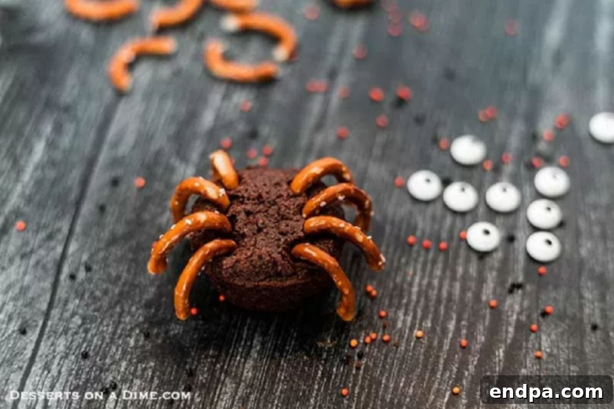 Four cut pretzel pieces gently pressed into each side of a mini brownie, skillfully forming the realistic legs of the spider's body.