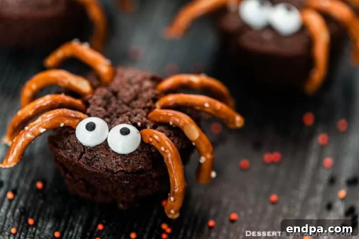 Close-up of a perfectly decorated spider brownie, showcasing the fudgy chocolate base, crunchy pretzel legs, and expressive candy eyes, ready for a Halloween celebration.