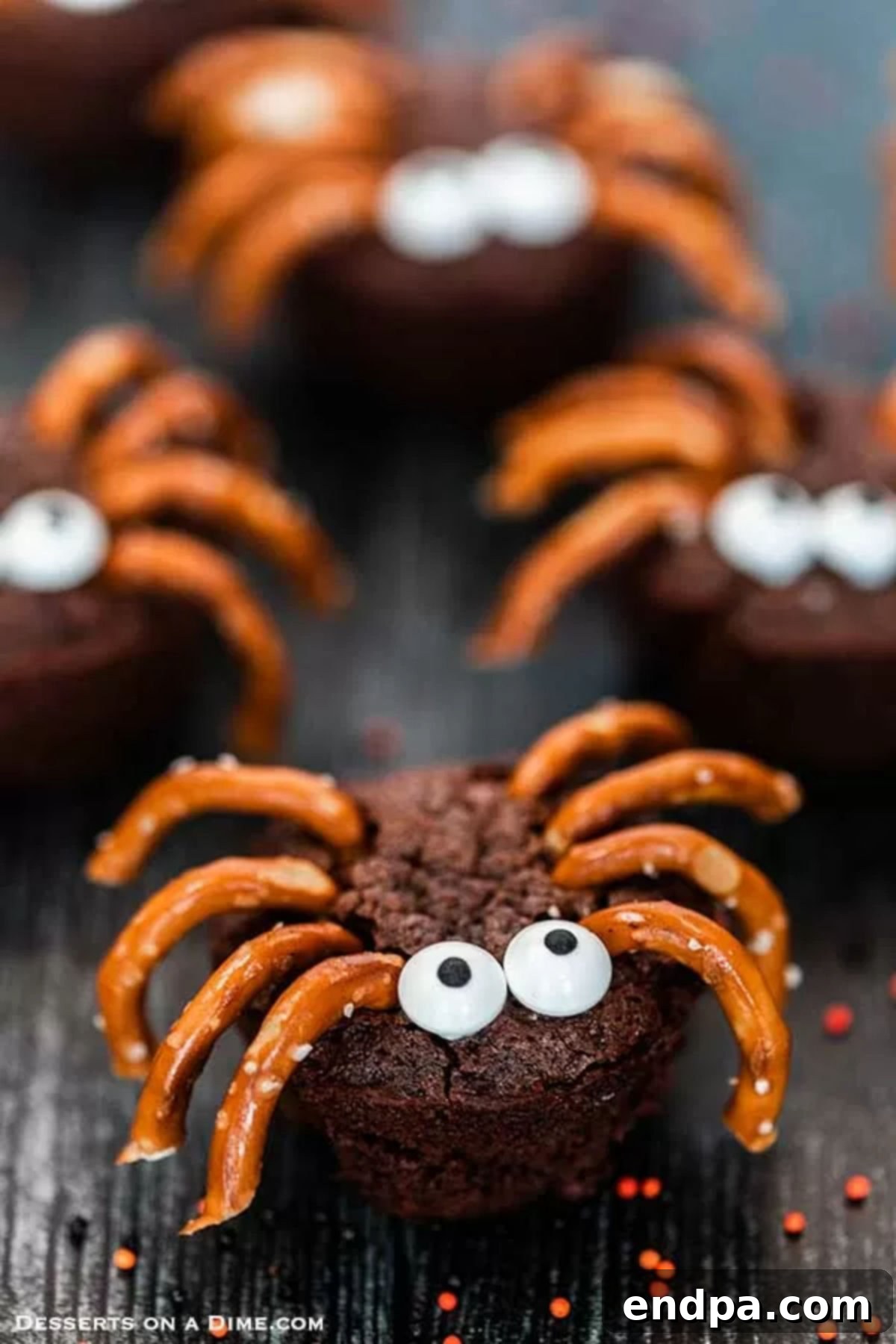 A festive platter adorned with a playful cluster of finished spider brownies, showcasing their charming and spooky details, ready to delight guests at a Halloween party.