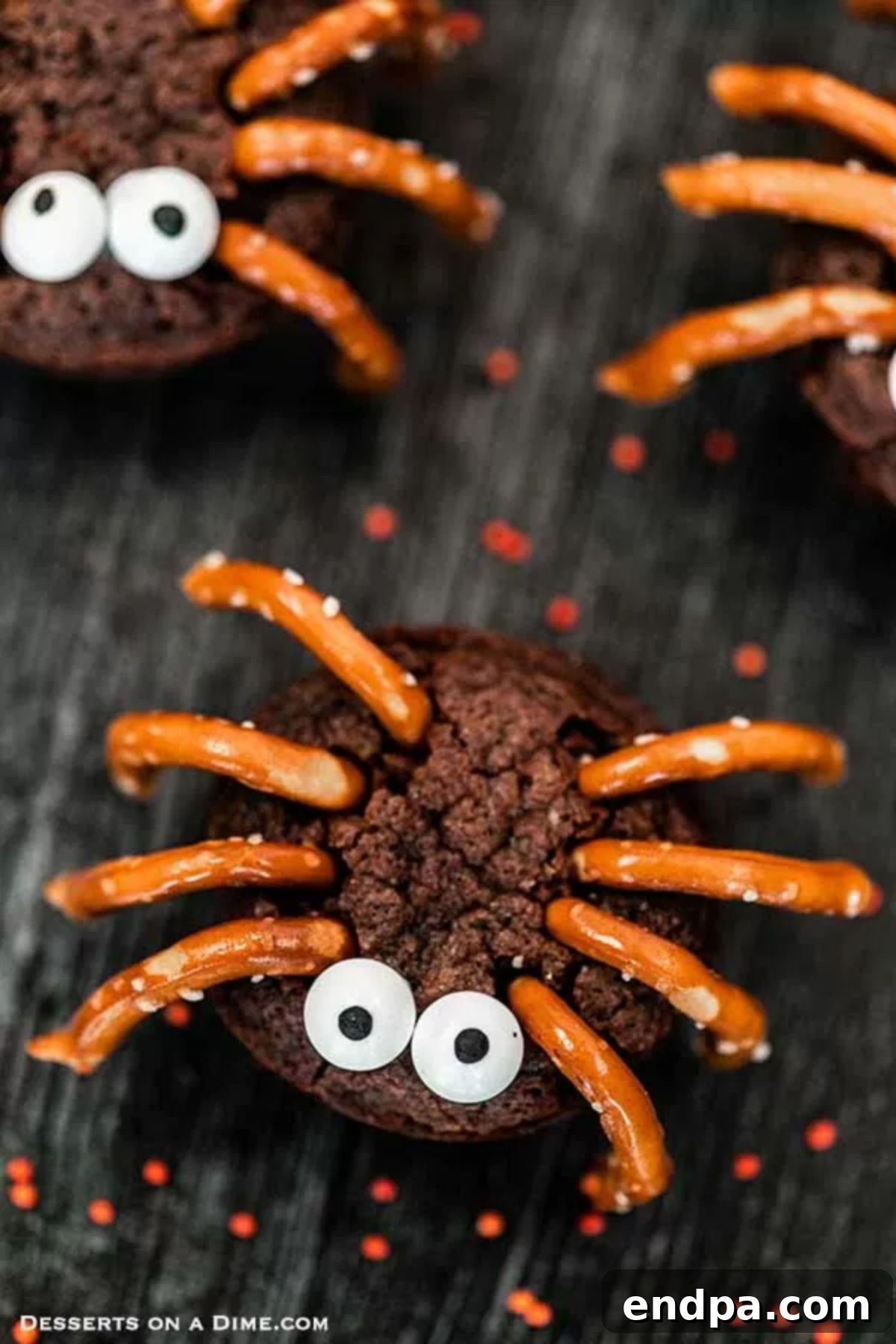 A cluster of delightful spider brownies, showcasing their charming and spooky details, neatly arranged and ready for sharing.