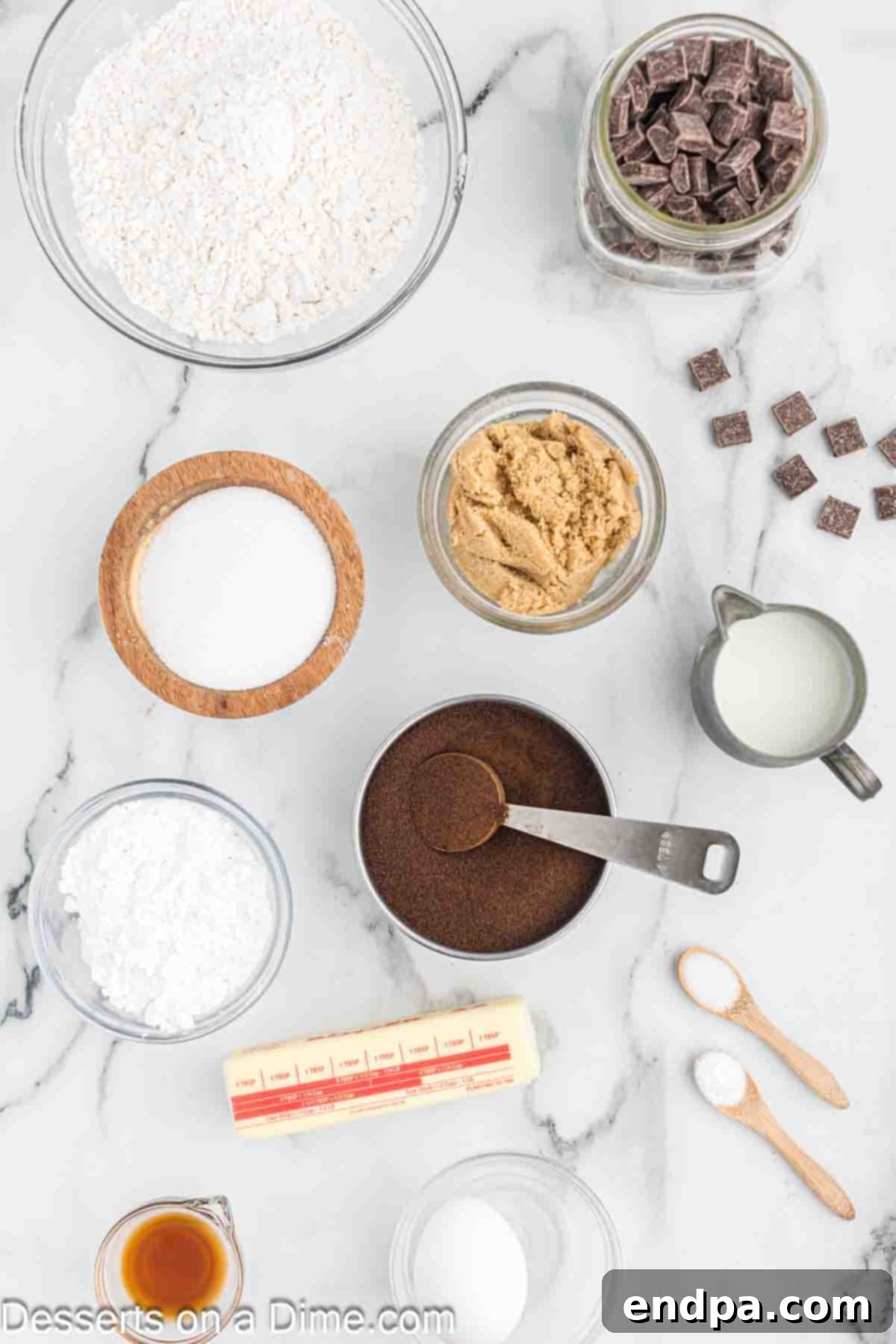 Espresso Delights 3 Arrangement of Coffee Cookie ingredients: flour, brown sugar, egg, instant coffee, baking soda, chocolate chunks, powdered sugar, milk.