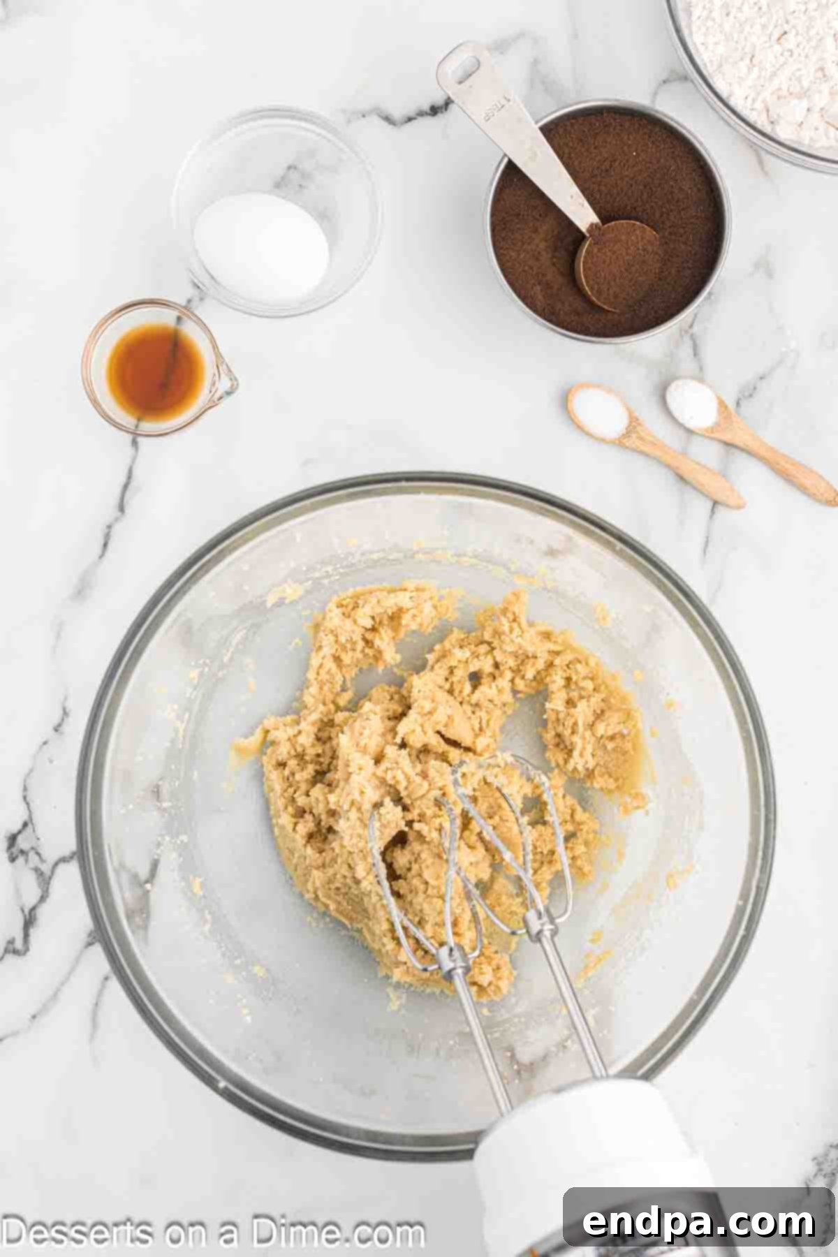 Espresso Delights 4 Creamed butter, granulated sugar, and brown sugar in a mixing bowl.