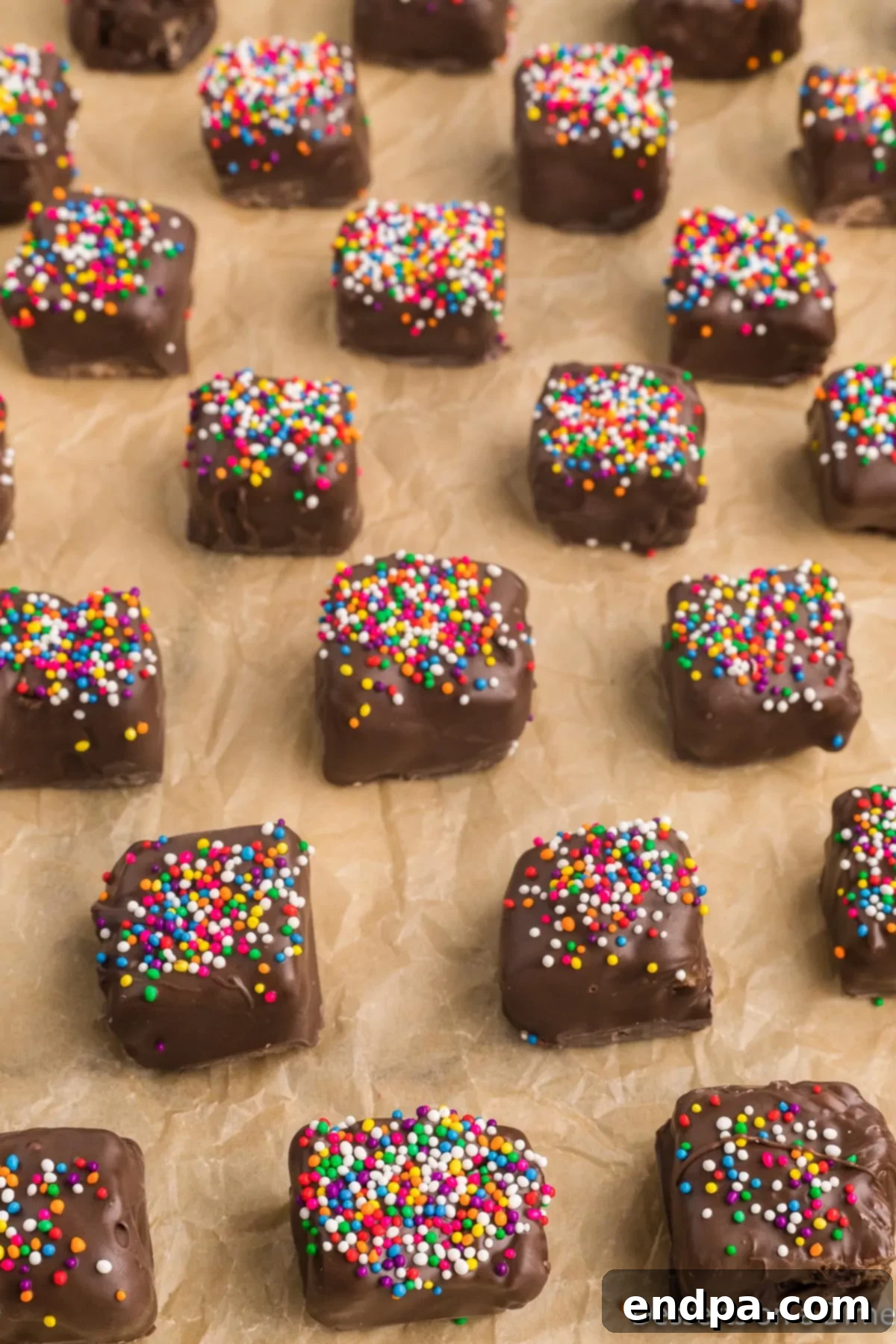 A beautifully arranged plate of Chocolate Covered Rice Krispie Treats with colorful sprinkles, indicating a finished recipe.
