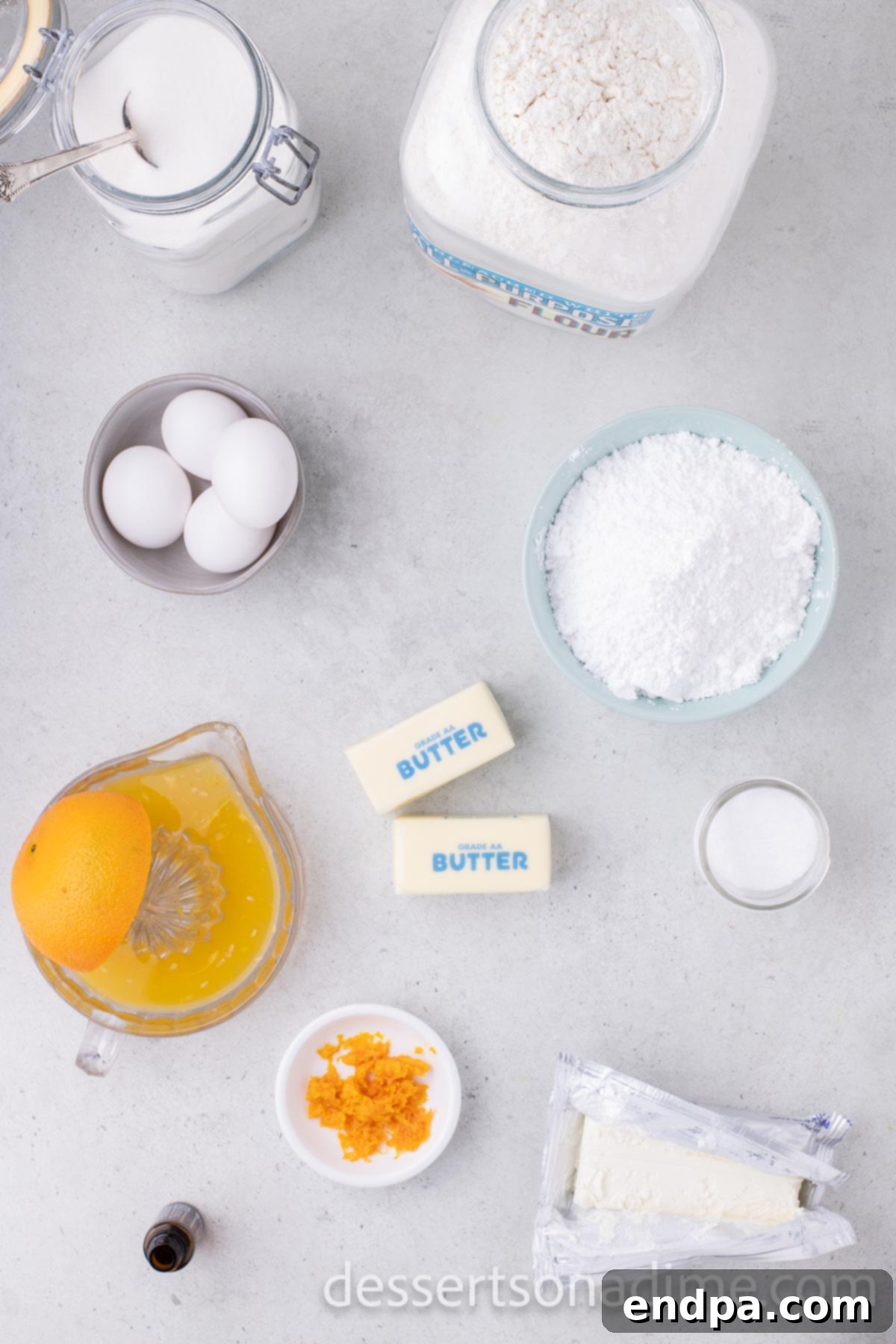 Orange Burst Brownies 3 Orange brownies ingredients - flour, butter, eggs, orange extract, orange zest. cream cheese, powdered sugar, orange juice.