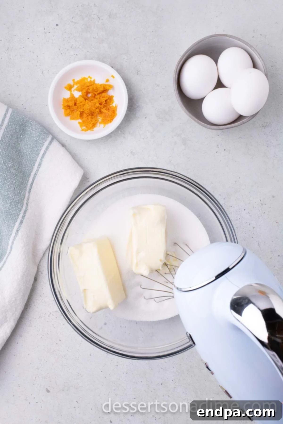 Orange Burst Brownies 4 Mixing bowl with butter and sugar.