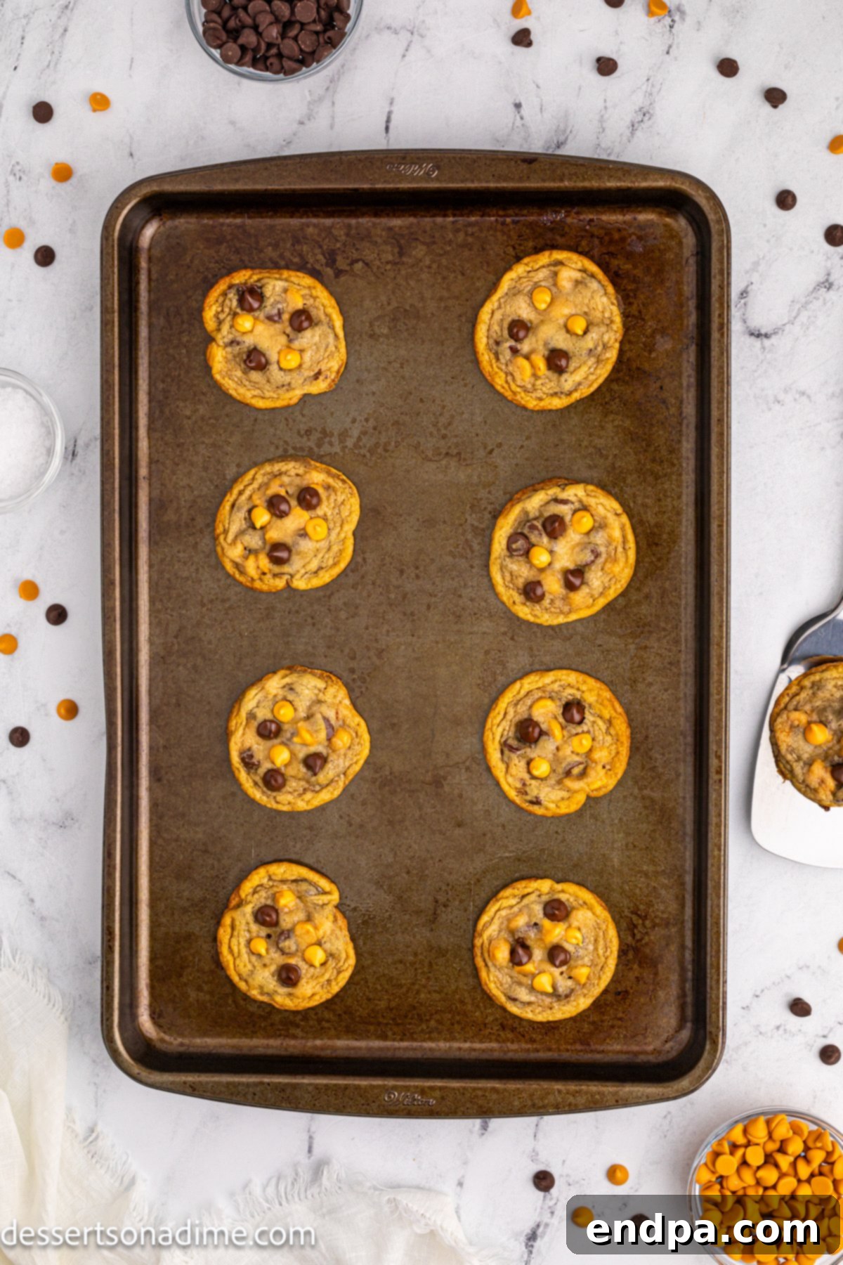 Freshly baked Butterscotch Chocolate Chip Cookies cooling on a baking sheet after being removed from the oven.
