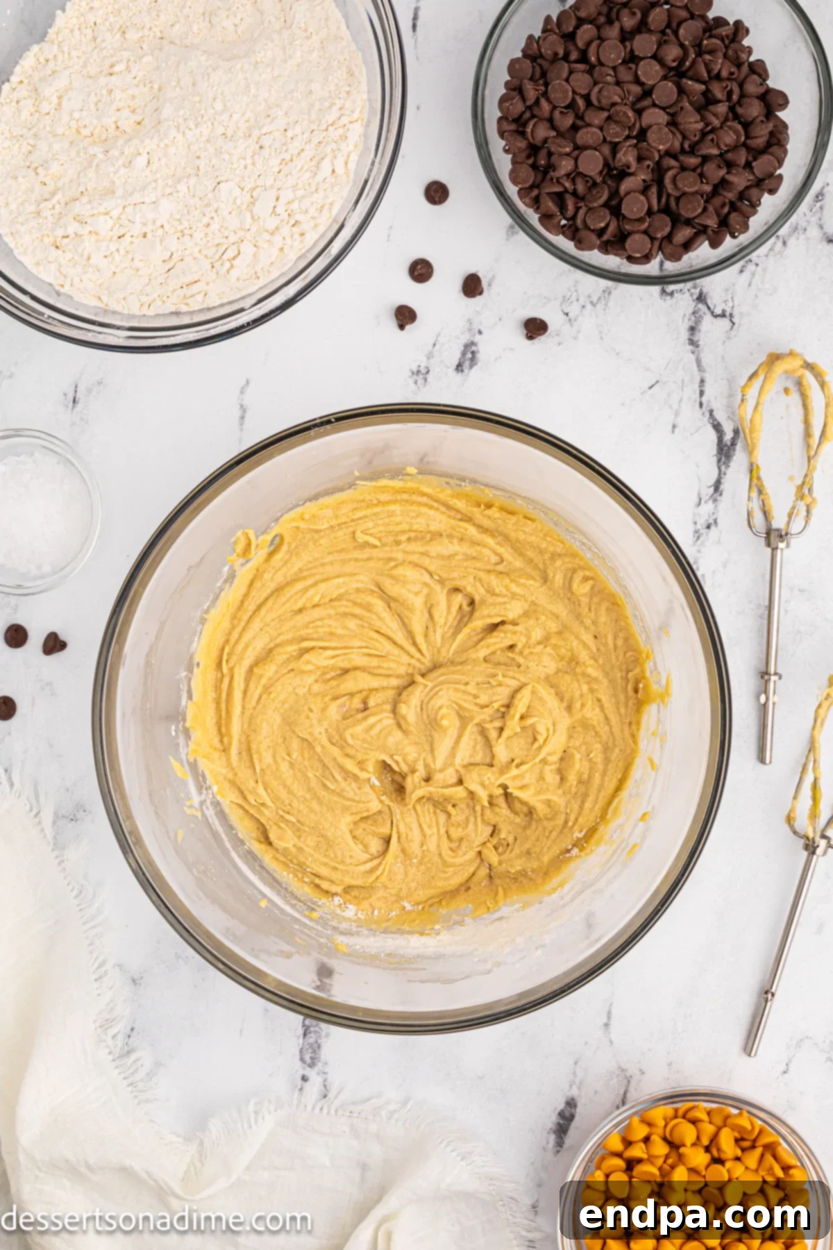 The cookie dough with wet and dry ingredients thoroughly mixed, but not overmixed.