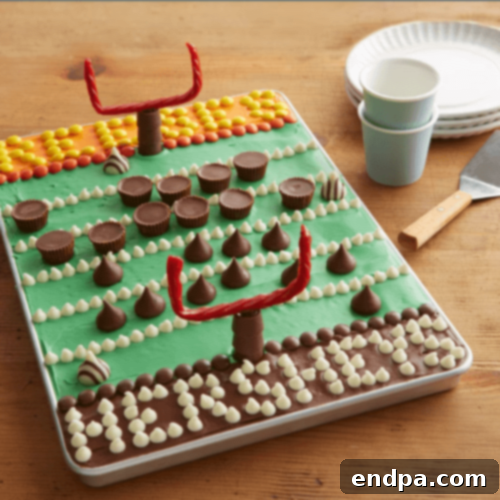 Hershey’s Gridiron Cake topped with various candies.