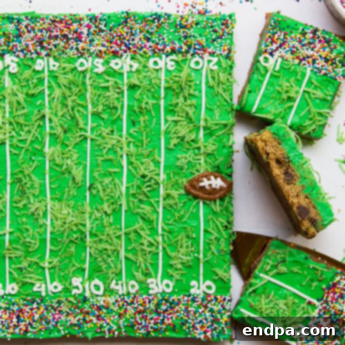 Football Field Chocolate Chip Cookie Cake with green frosting.