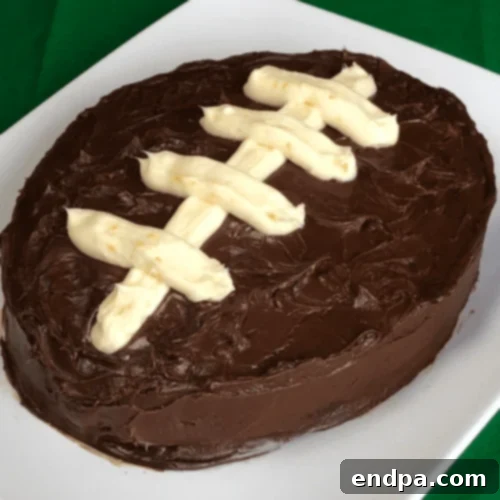 Chocolate Football Cake made from a cake or brownie mix.