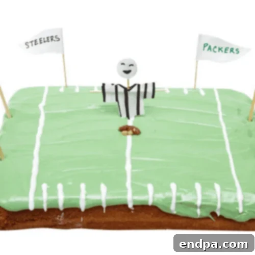 Football Field Cake with green frosting and white yard lines