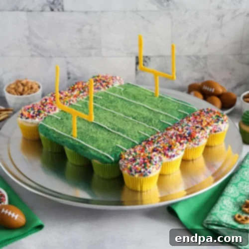Football Stadium Pull Apart Cupcake Cake decorated with green and white frosting.