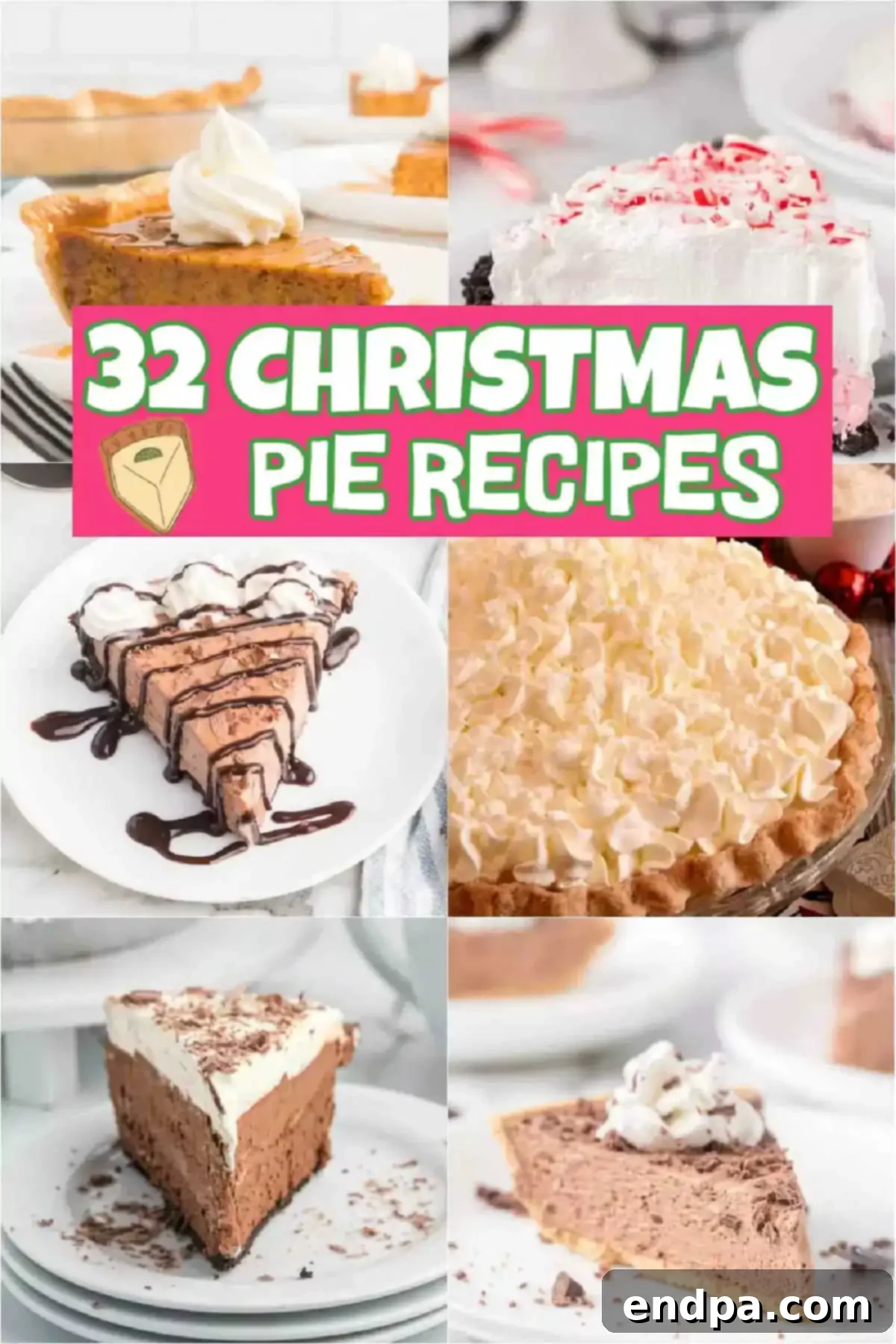 32 Christmas Pie Delights 2 A beautifully arranged selection of various Christmas pies, showcasing festive colors and textures, perfect for holiday gatherings.