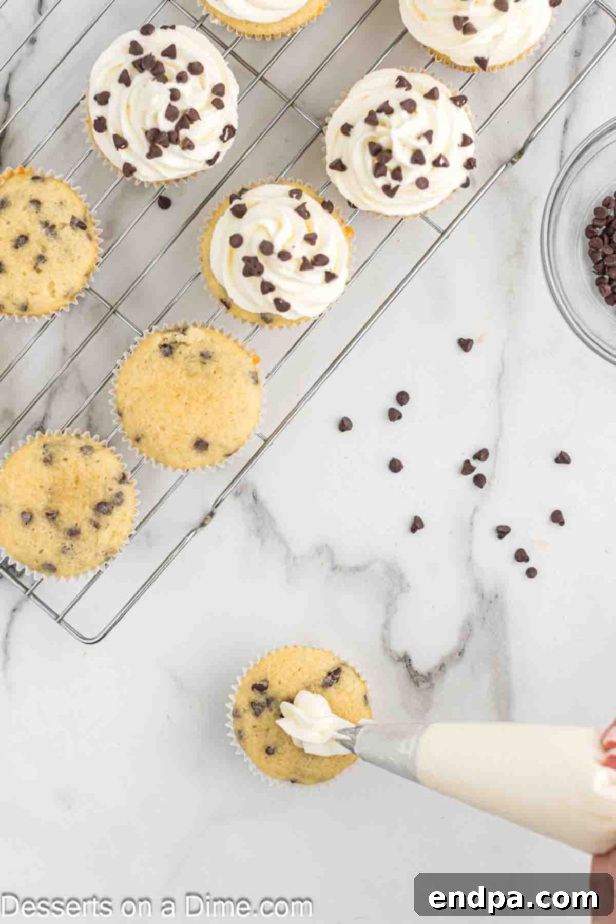 Decadent Chocolate Chip Cupcakes 10 Icing piped on a cupcake.