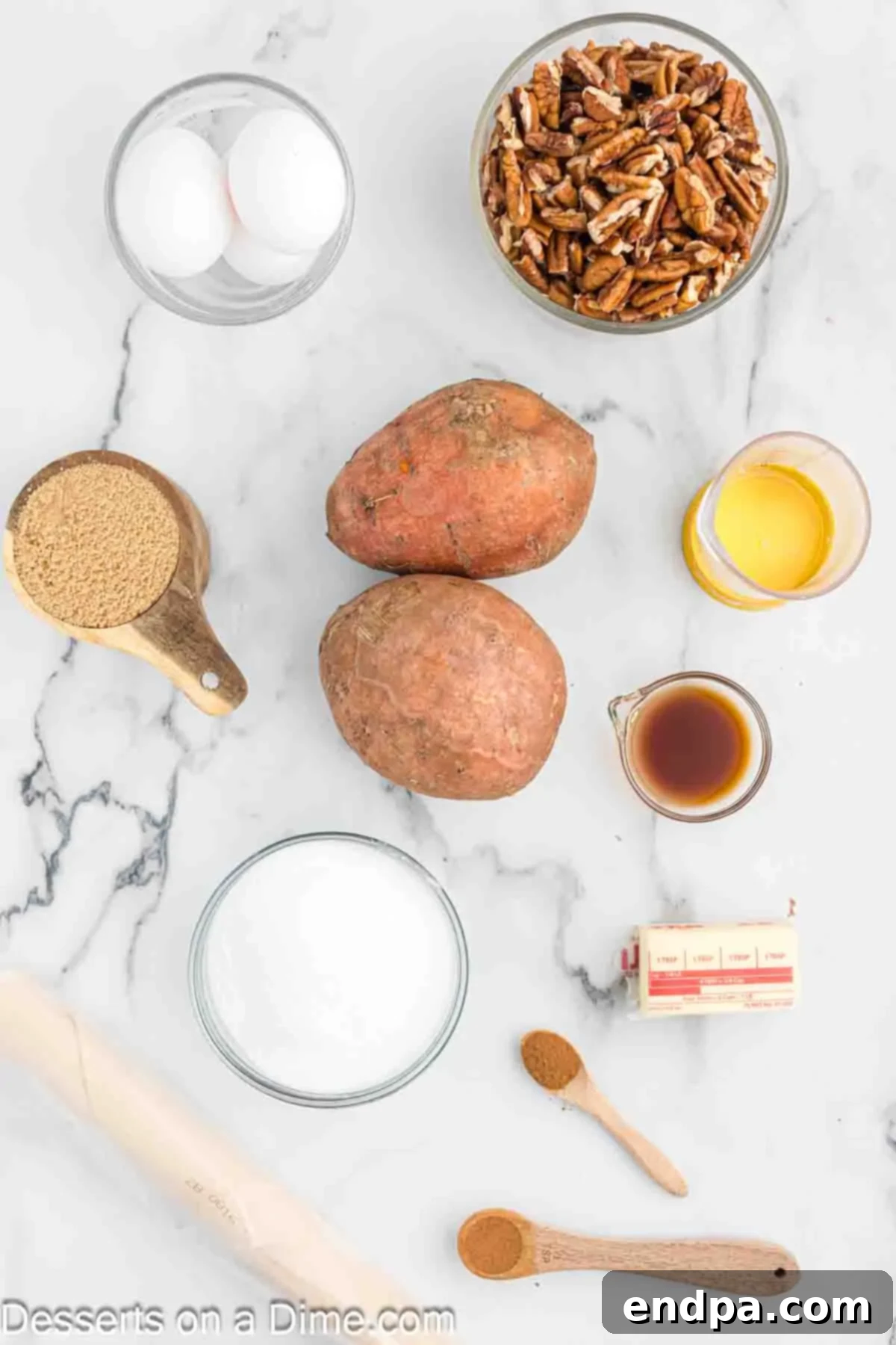 Velvety Sweet Potato Pecan Delight 3 Ingredients for sweet potato pecan pie including pie crust, sweet potatoes, eggs, brown sugar, butter, cinnamon, nutmeg, vanilla.