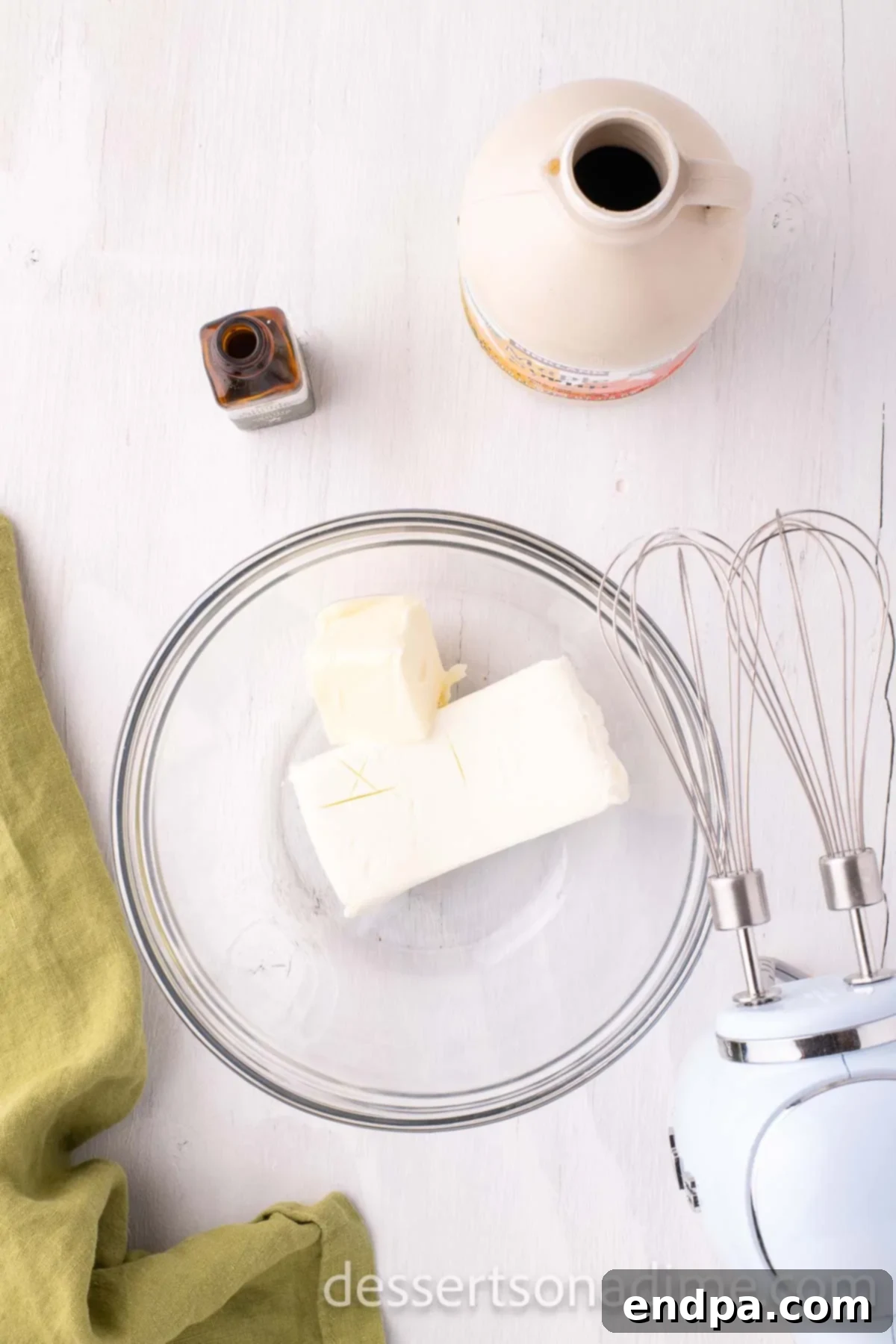 Velvety Maple Cream Cheese Frosting 4 Butter and cream cheese in a bowl.