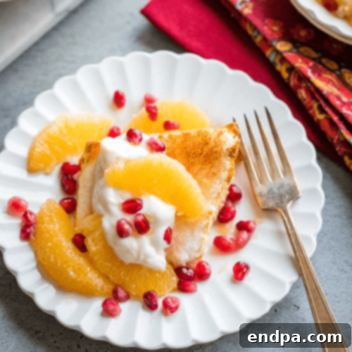 Angel Food Cake Dessert with Vanilla-Honey Oranges, a 5-ingredient recipe with toasted cake, winter fruit, honey, and vanilla.