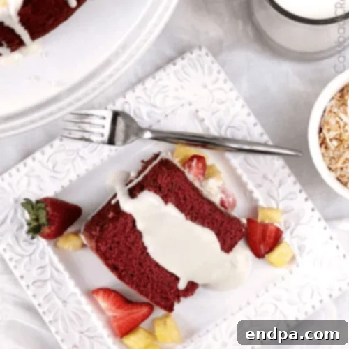 Red Velvet Angel Food Cake with Coconut Cream Cheese Glaze, a unique cake with coconut, citrus, and a smooth, creamy texture.