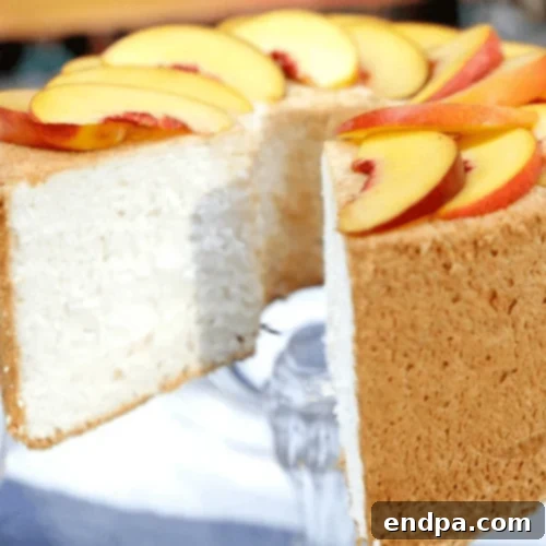 Angel Food Cake with Peaches and Cream, a delicious treat combining fresh peaches with light, airy angel food cake.